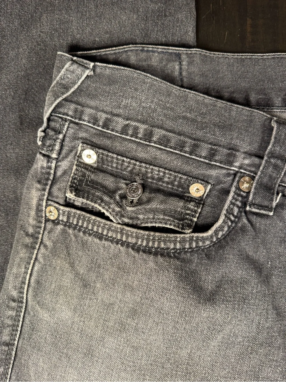 True Religion Ricky Straight Flap Jeans Size 36 Gray Black Wash 100% Cotton